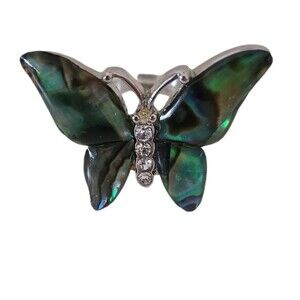 vintage iridescent abalone & crystal butterfly statement ring size 6.5